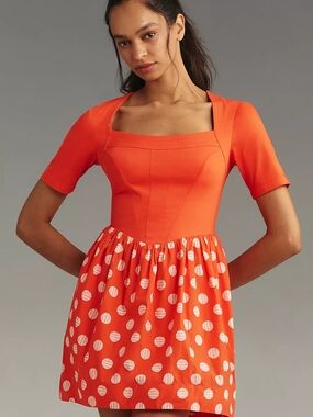 3x Nwt Anthropologie Polka Dot Square-Neck Mini Dress in Orange